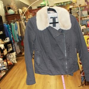 Calvin Klein GREY MOTO JACKET WITH FUR TRIM